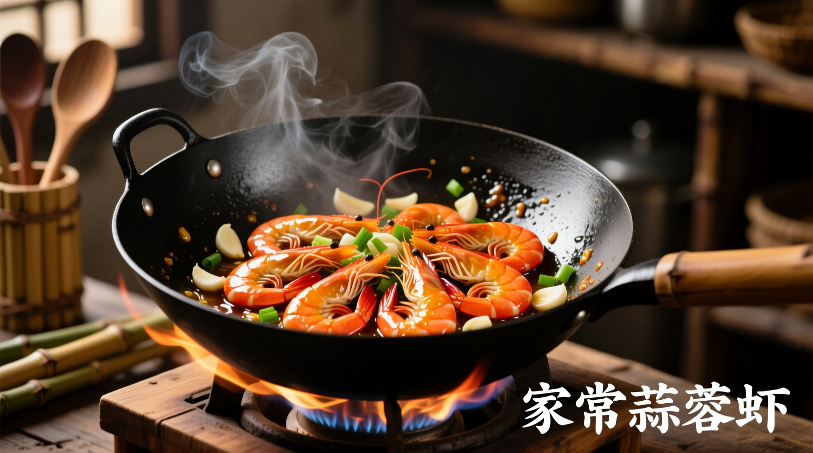 Fresh shrimp with garlic sauce in traditional Chinese wok