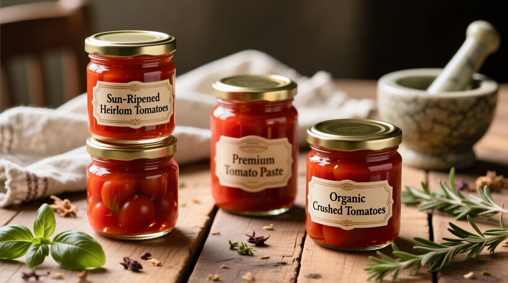 Selection of gourmet grade tomato products in glass jars