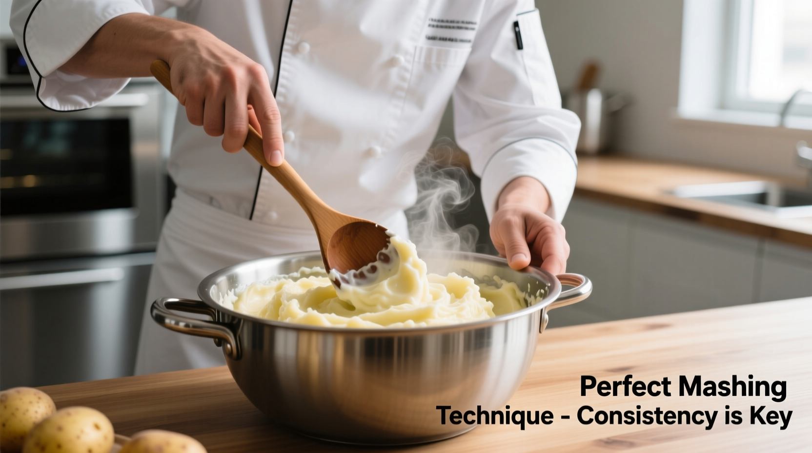 Chef demonstrating proper potato mashing technique