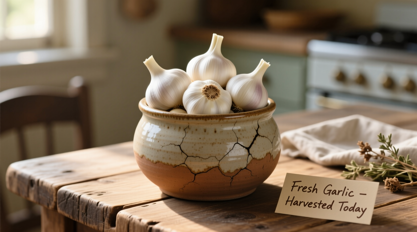 Ceramic garlic keeper with fresh garlic bulbs