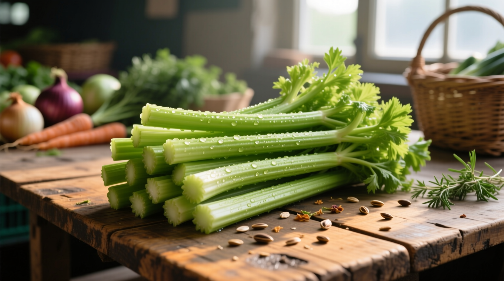 Fresh celery stalks arranged on wooden market table