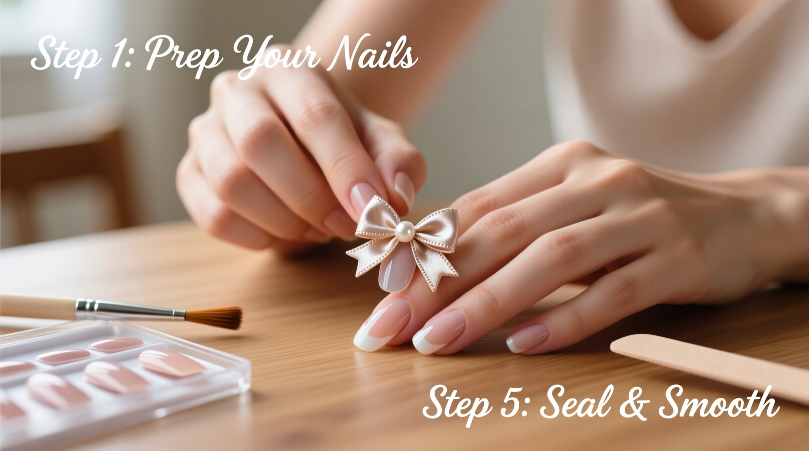 step by step guide to applying press on nails with elegant bowknot designs at home