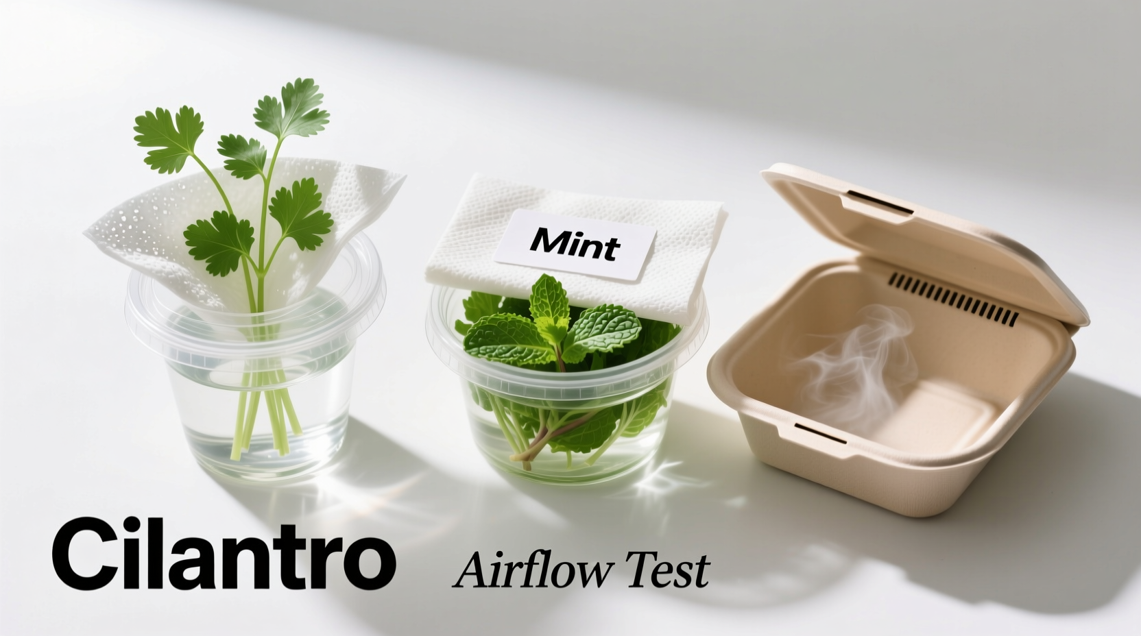 Top-down photo of three labeled takeout containers: one with cilantro upright in water covered by a lightly dampened paper towel; one with mint similarly arranged; third showing side view of lid partially lifted at one corner to reveal airflow gap