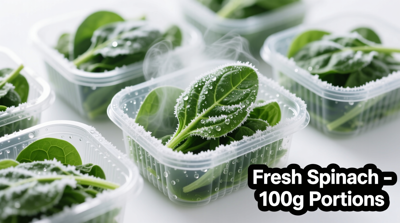 Fresh spinach leaves being frozen in portioned containers