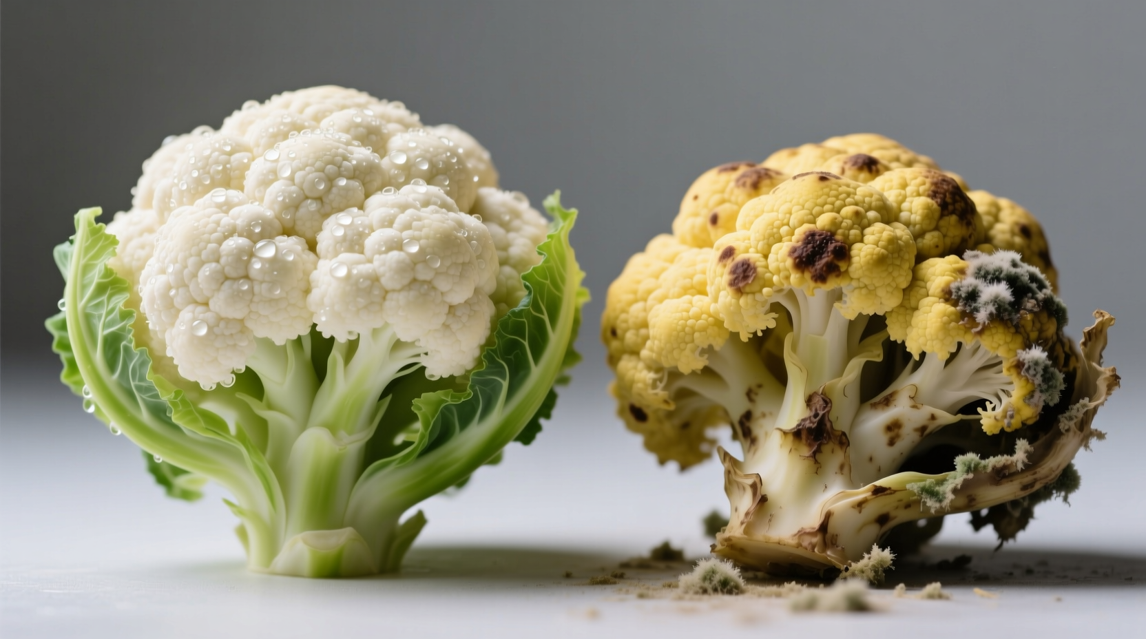 Close-up of fresh versus spoiled cauliflower side by side