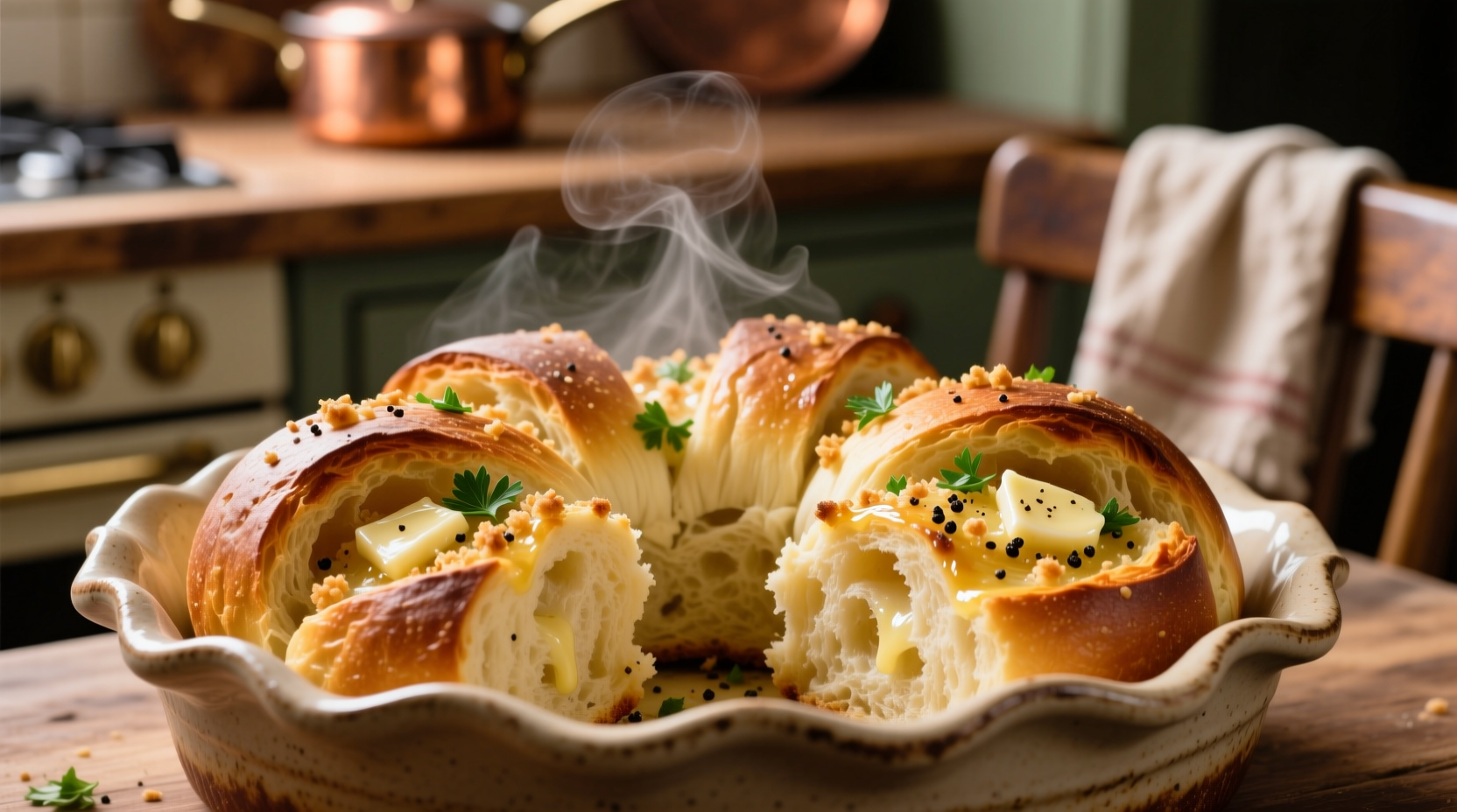Golden sourdough discard garlic pull apart bread with visible layers