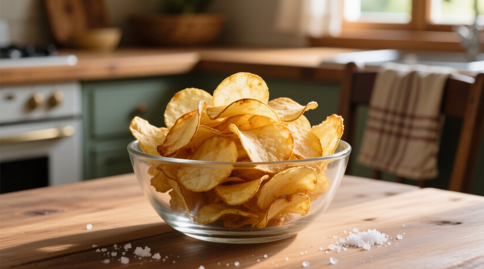 Homemade potato chips in a glass bowl