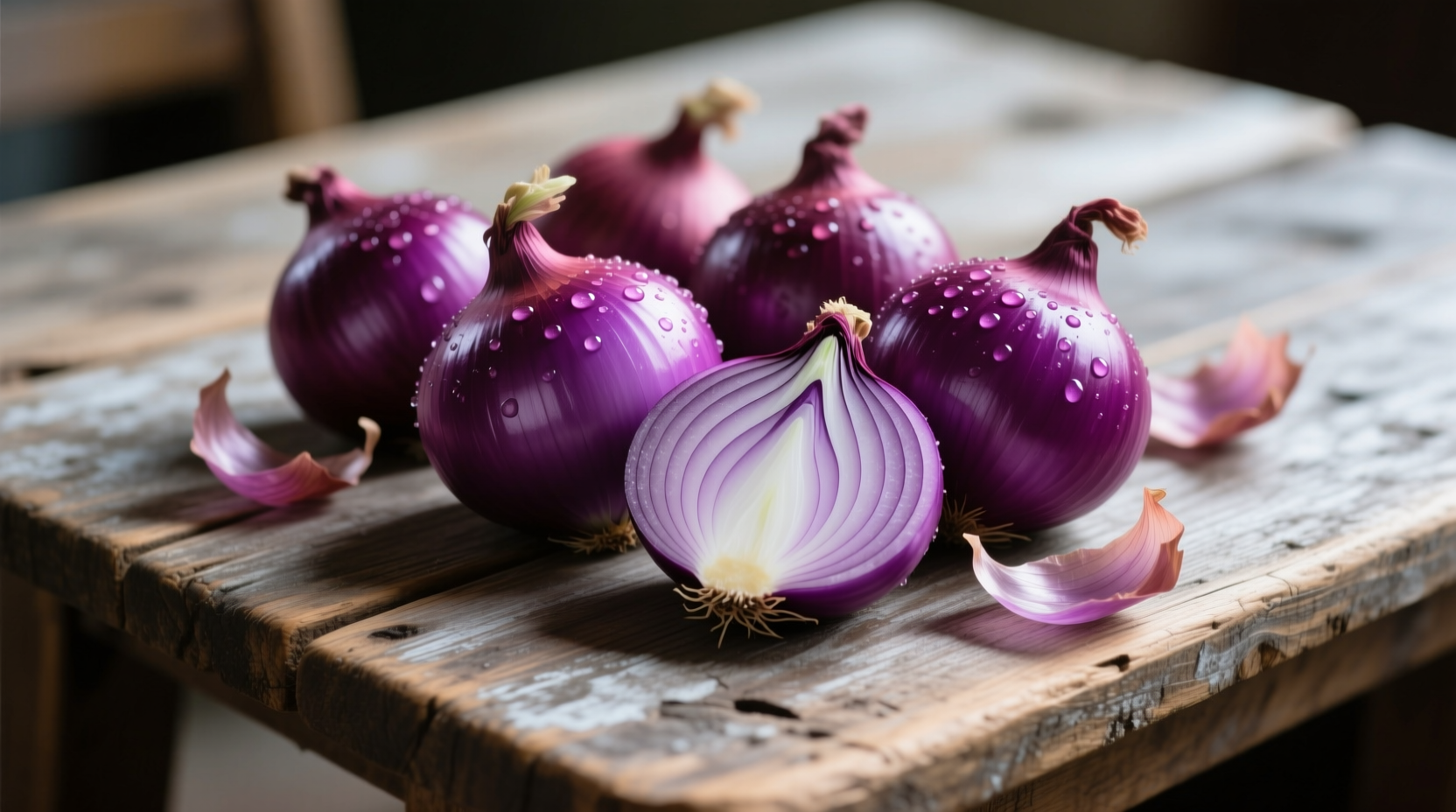 Vibrant purple onions arranged on wooden table
