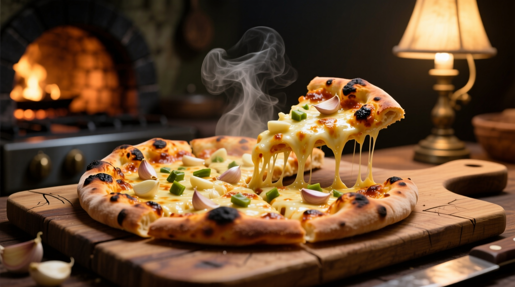 Traditional coal-oven garlic pizza with bubbling cheese