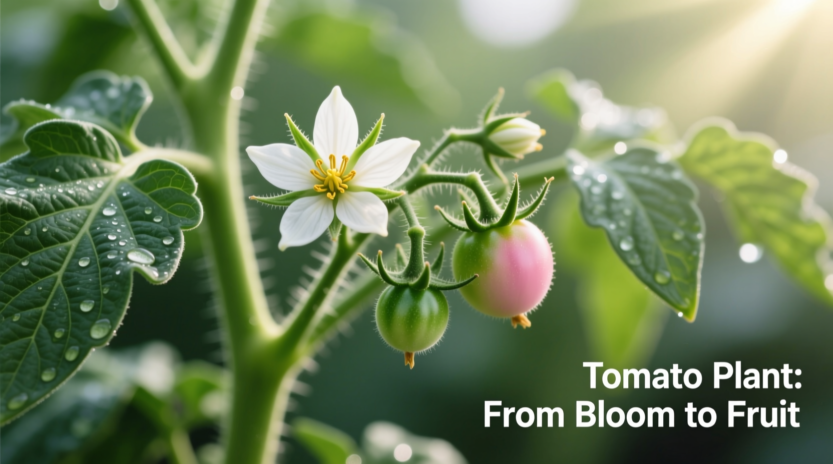 Tomato plant showing flower developing into fruit