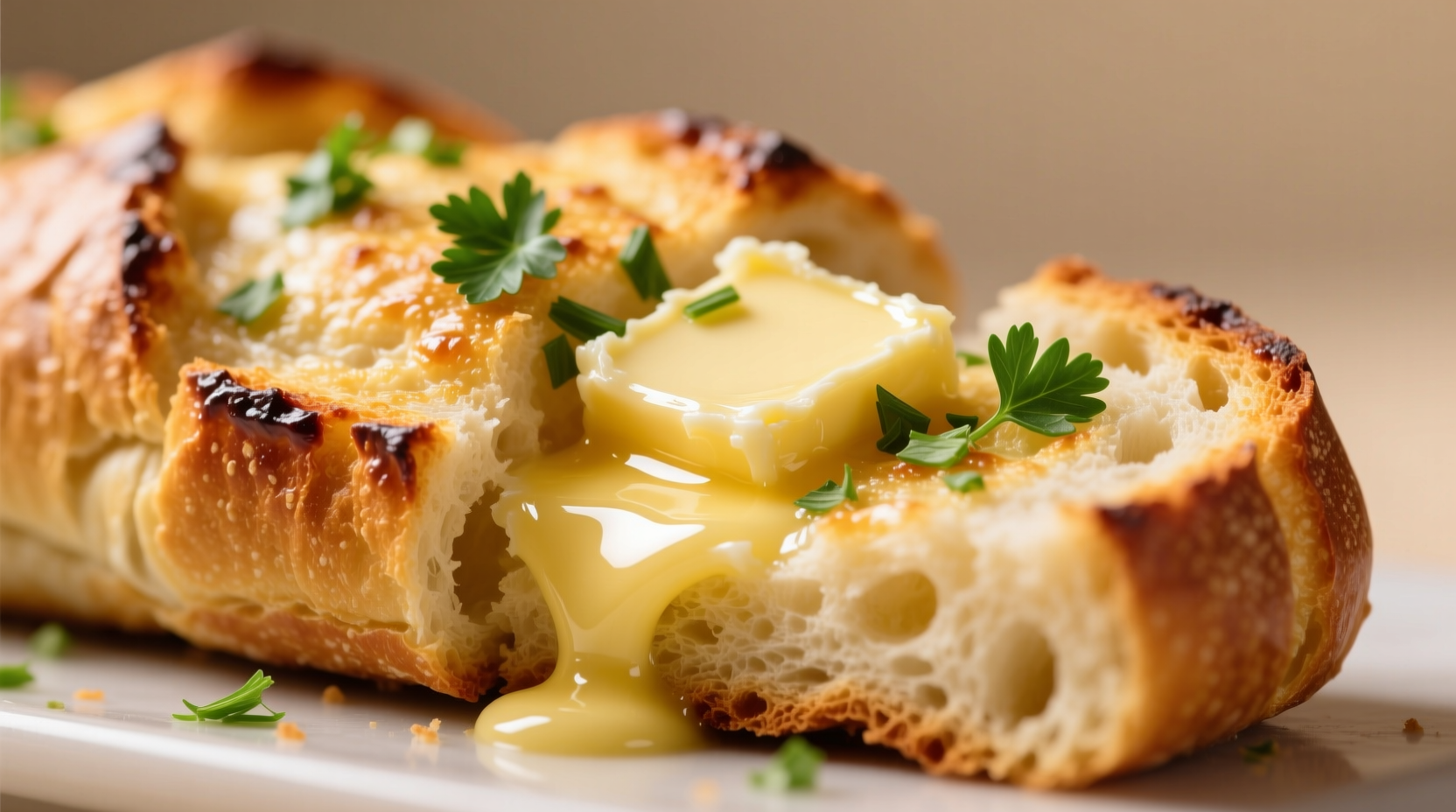 Golden garlic bread with melted butter