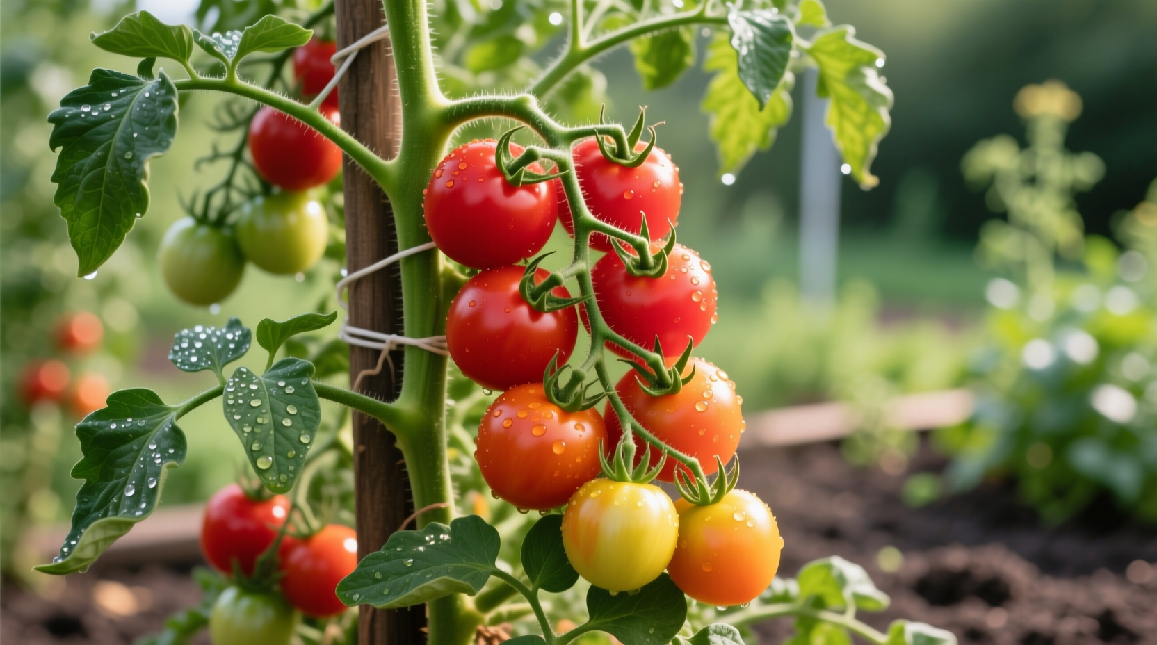 Tomato plant with ripening fruit on vine