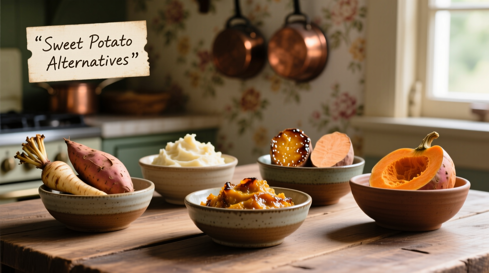 Four bowls showing sweet potato substitutes