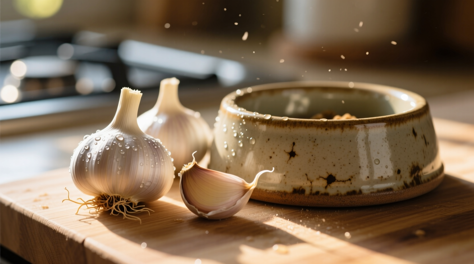 Close-up of garlic cloves next to dog food bowl