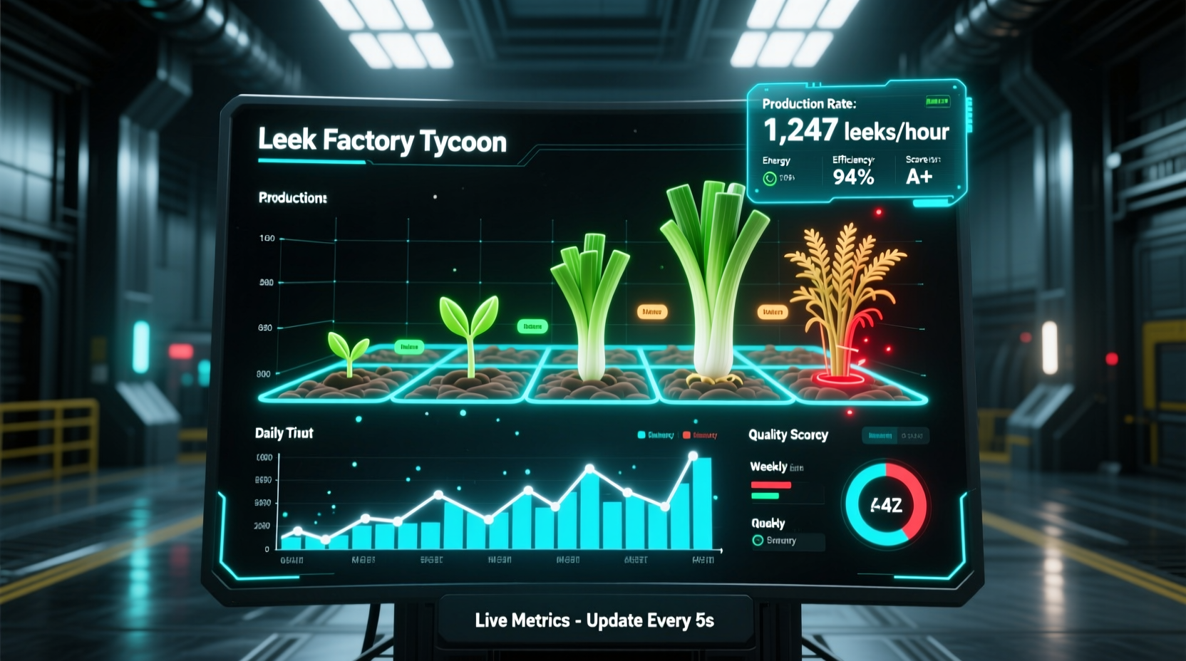 Leek Factory Tycoon gameplay interface showing production metrics