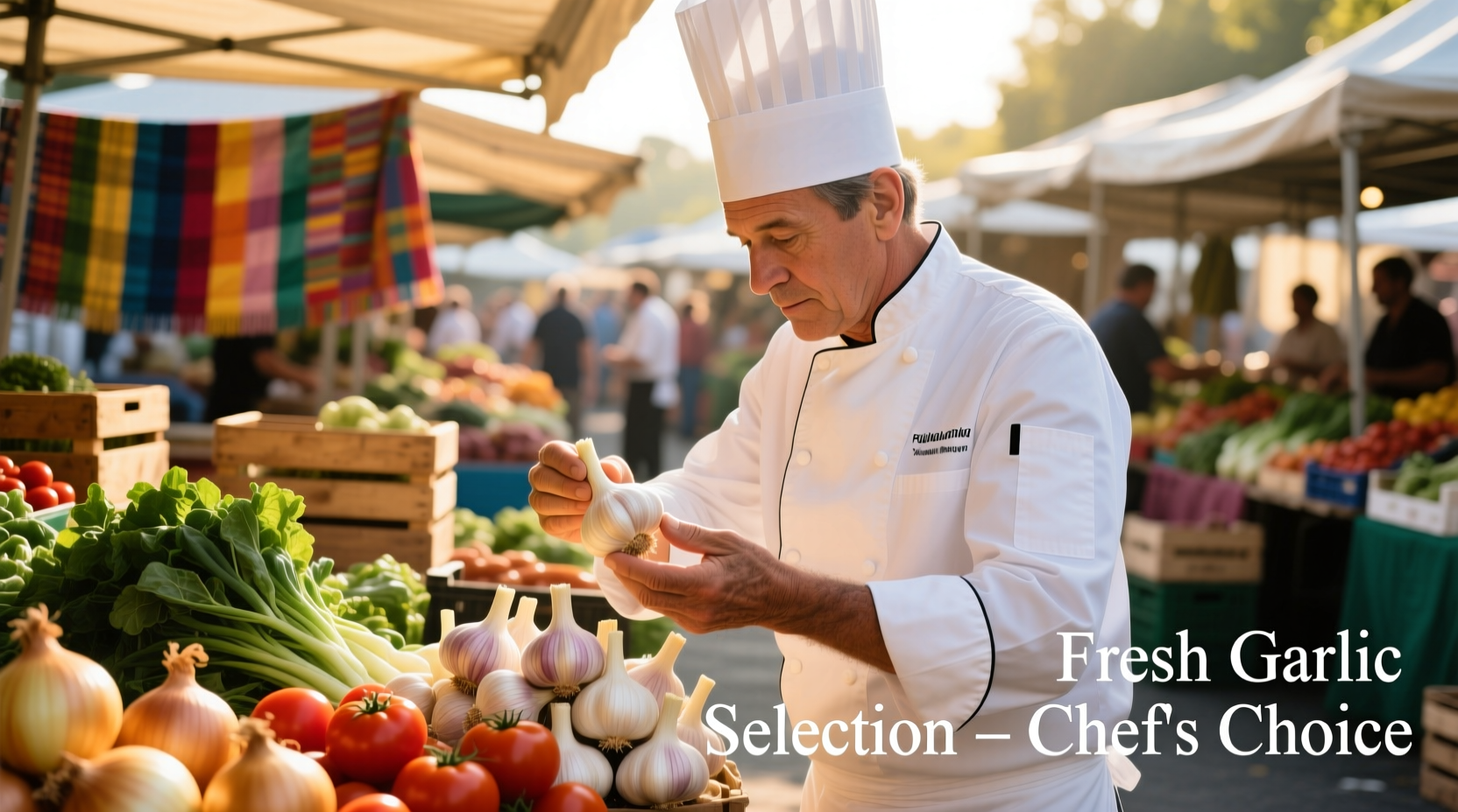 Professional chef selecting firm garlic bulbs at market