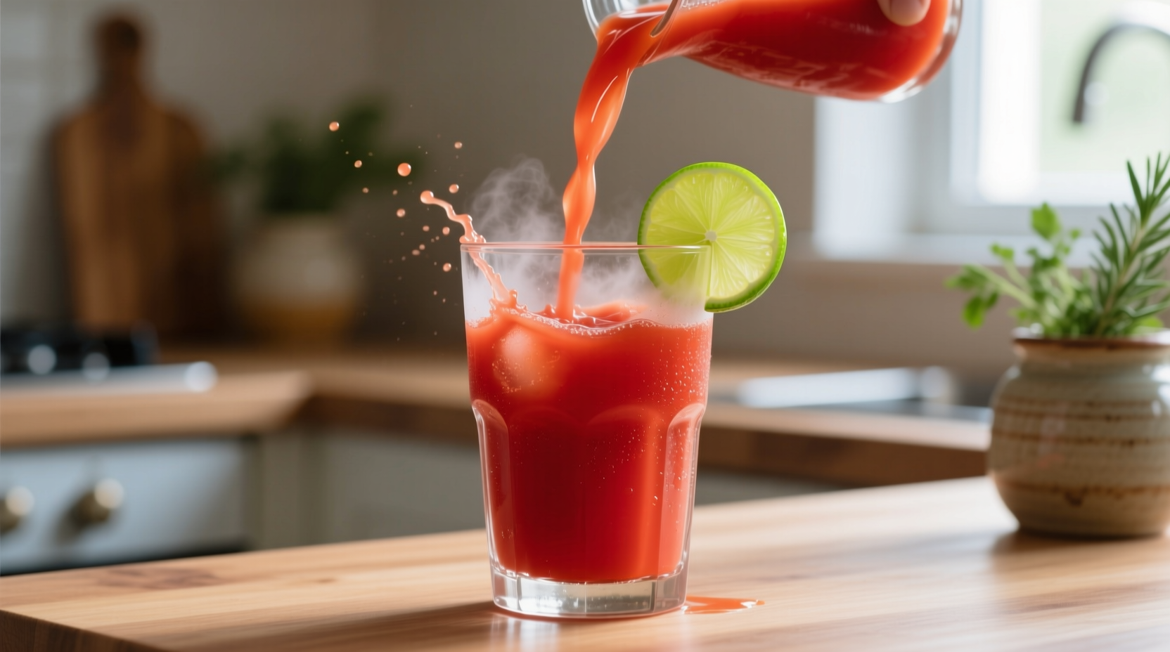 Fresh tomato juice being poured into glass with citrus garnish
