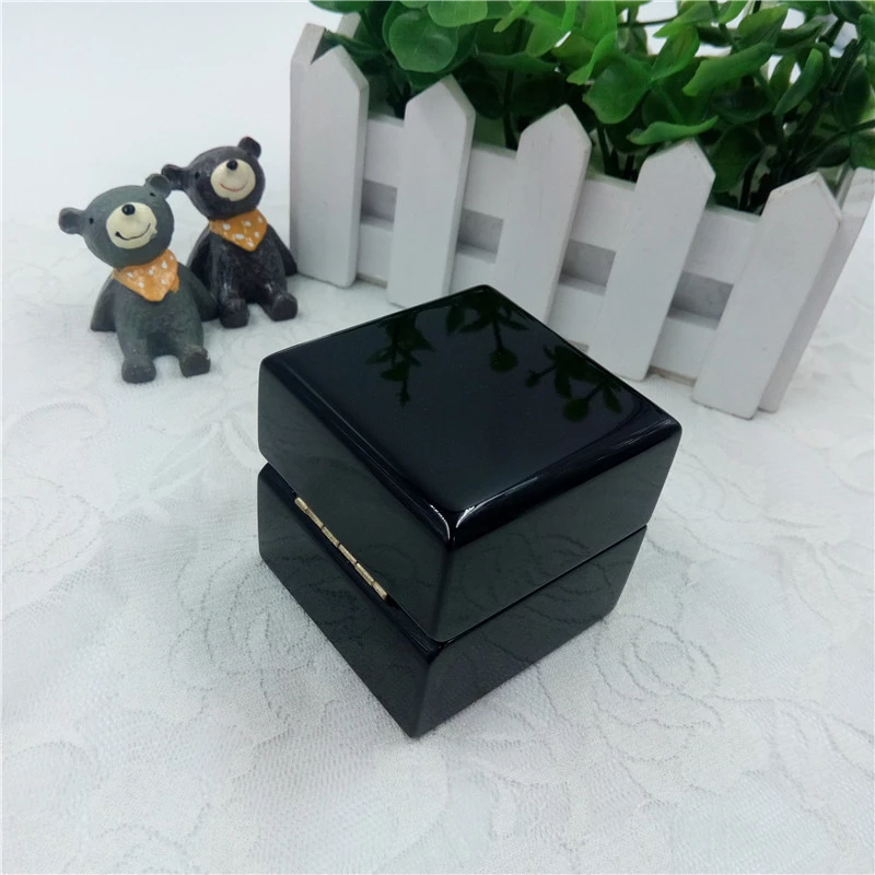 Wooden Box factory customized Glossy Black Lacquer Wooden Ring Box Leather Ring Slot Box For Weddings