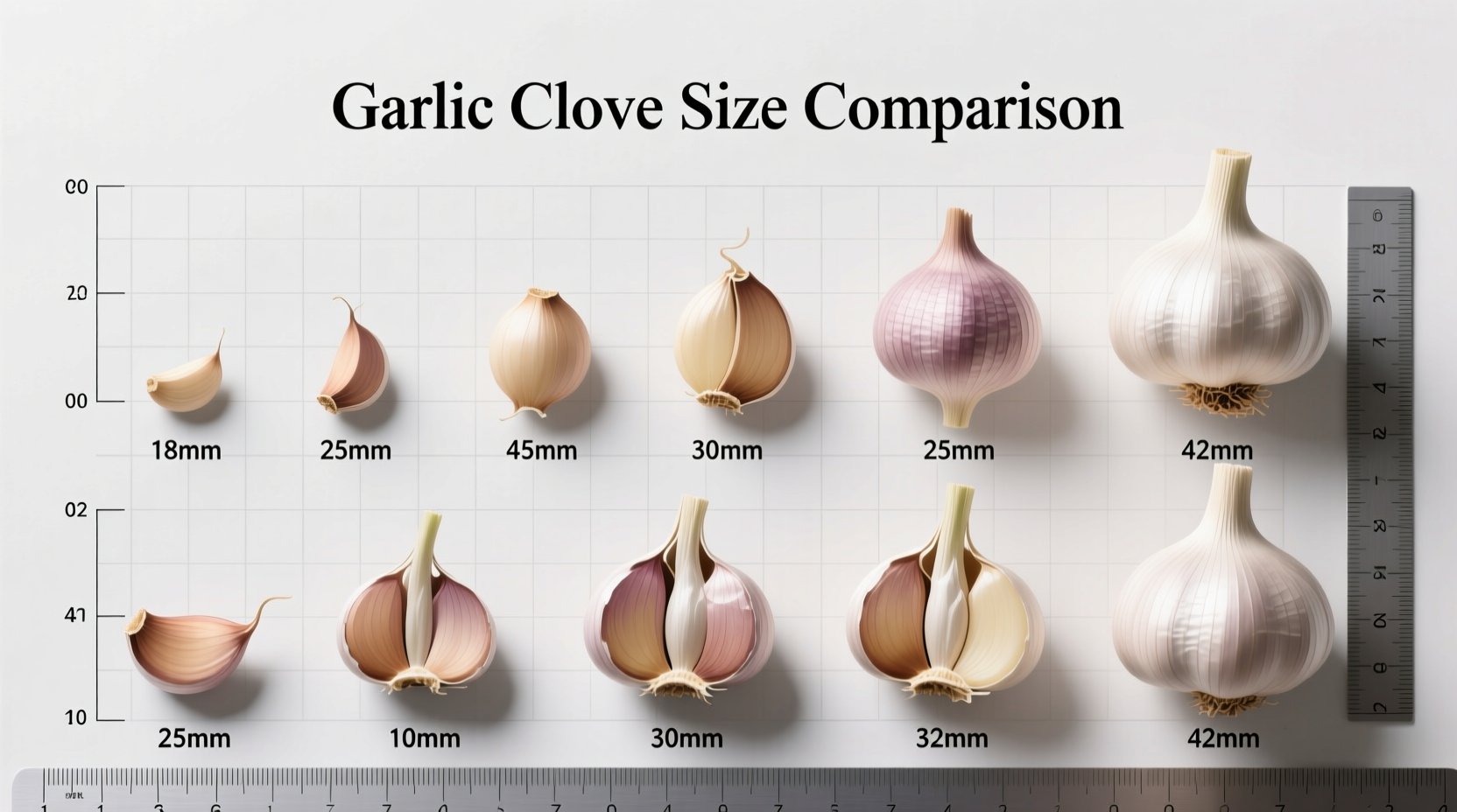 Garlic clove measurement comparison chart showing sizes
