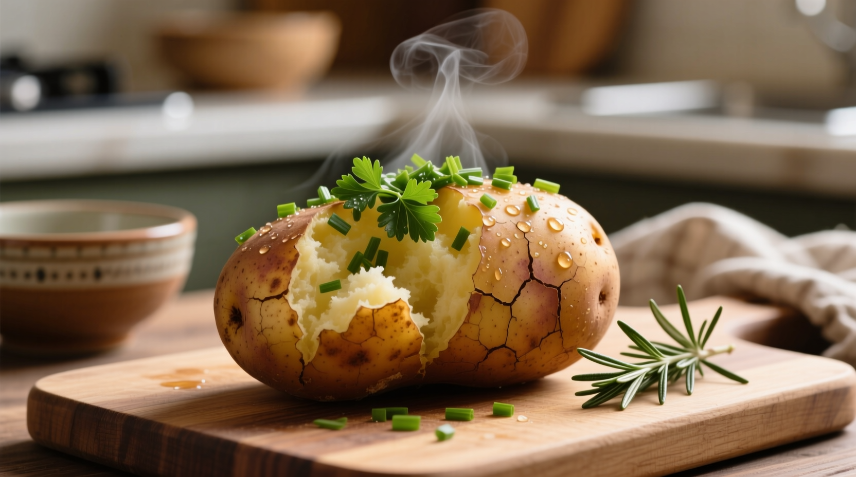 Baked potato with skin and fresh herbs
