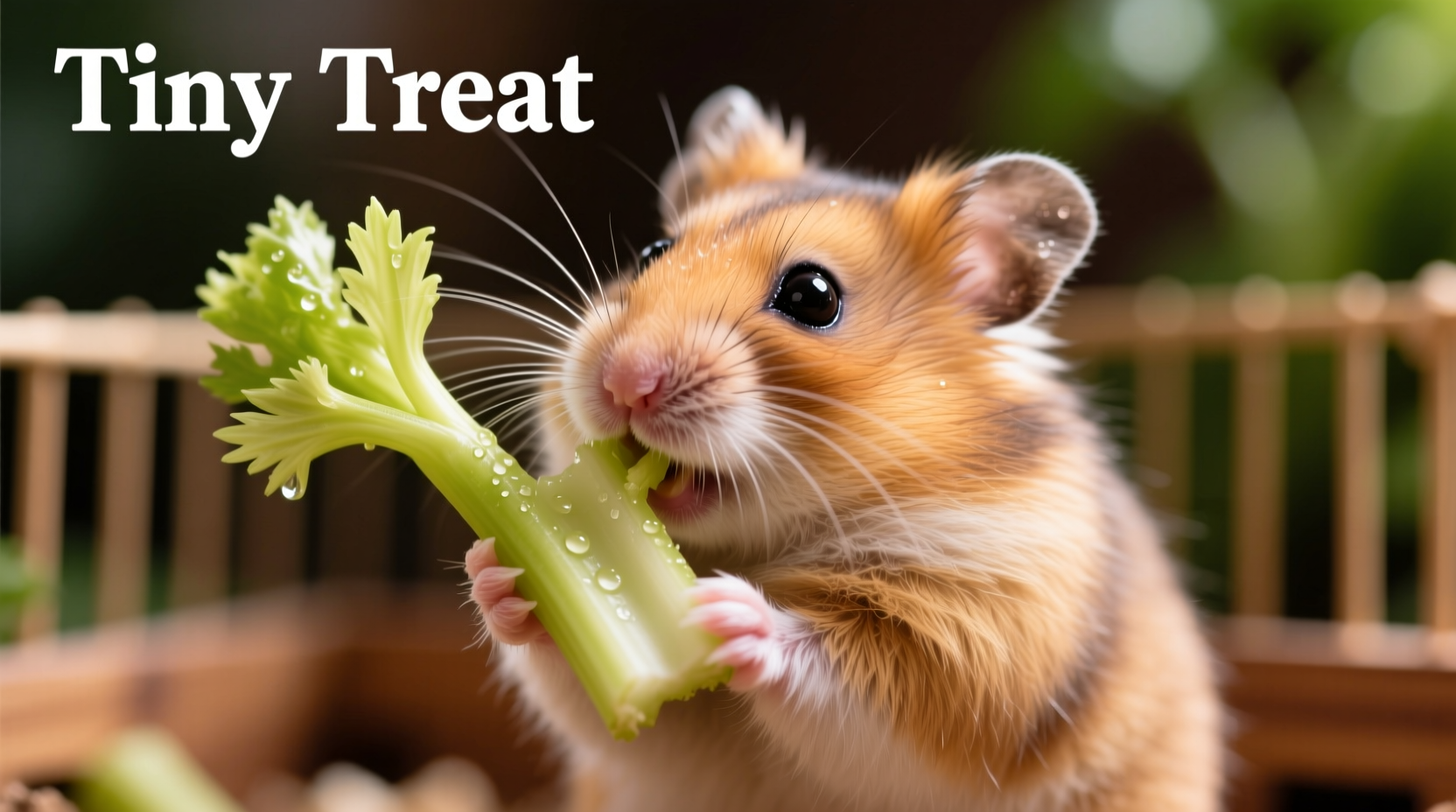 Hamster nibbling on small piece of celery