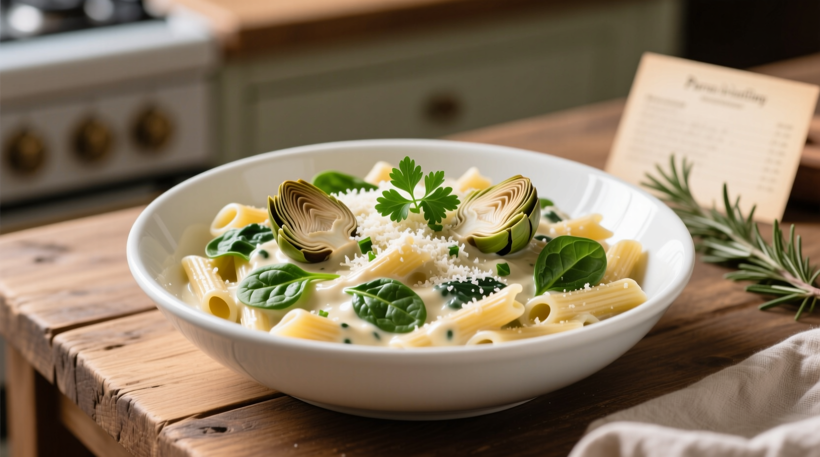 Creamy spinach artichoke dip pasta in white bowl