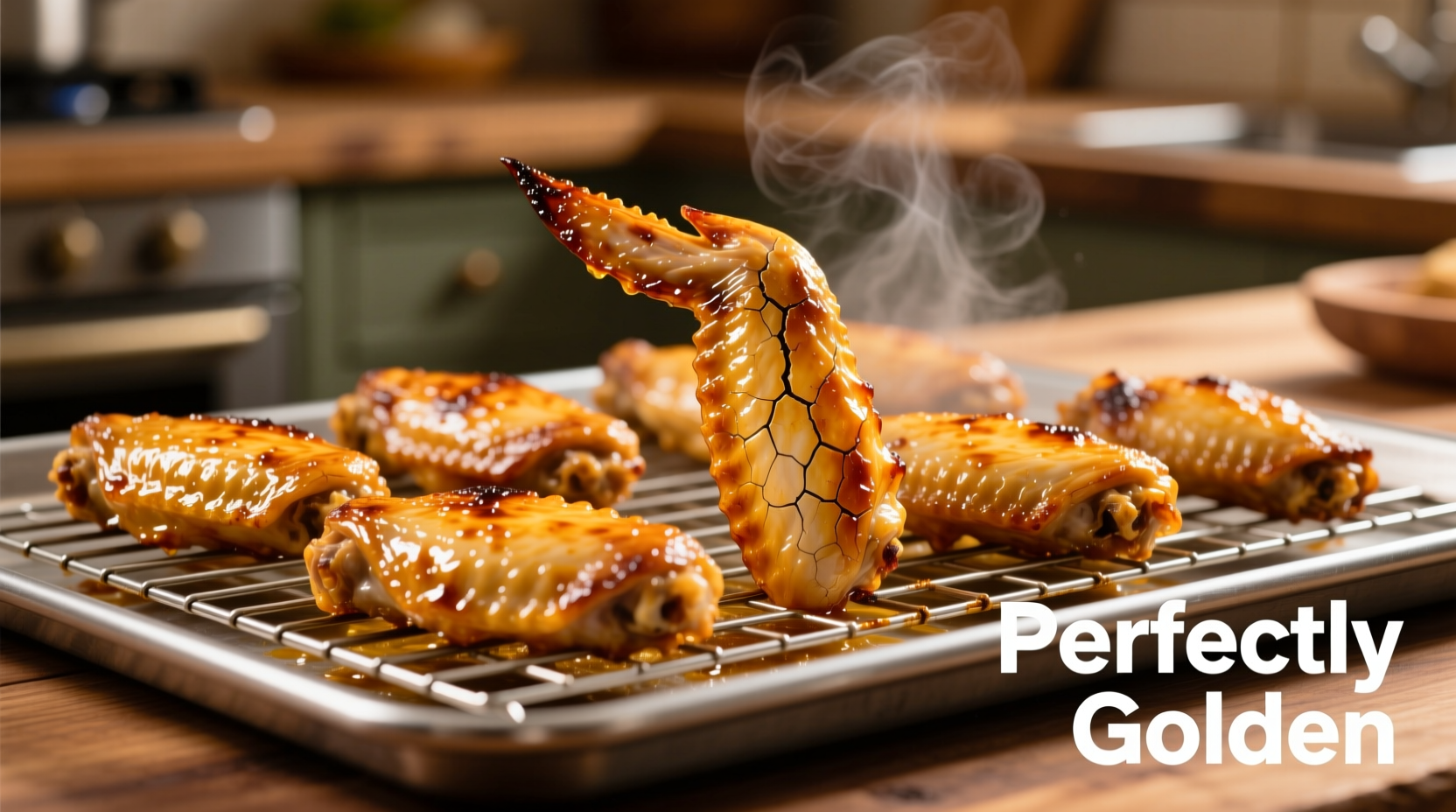 Perfectly golden chicken wings on baking rack