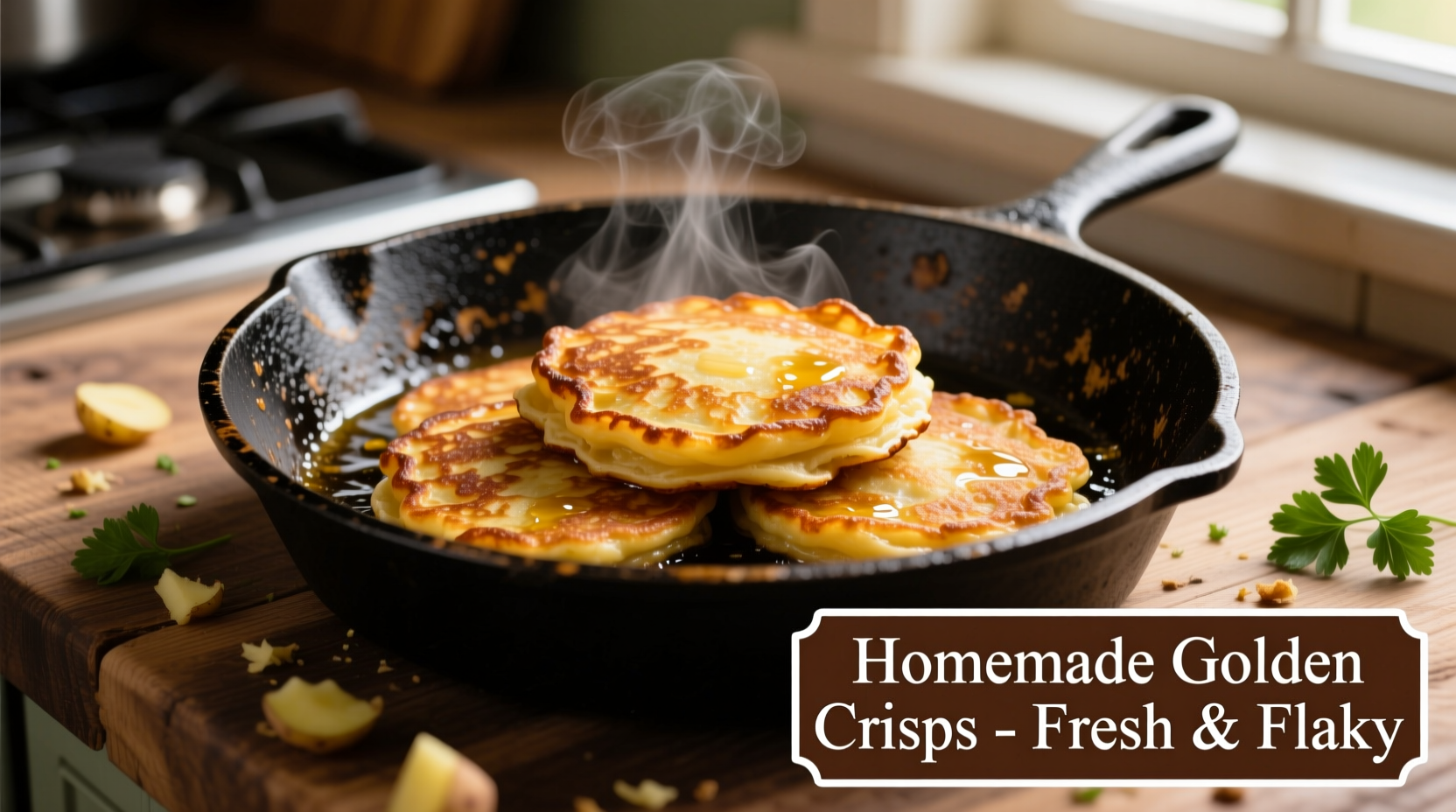 Golden potato pancakes sizzling in cast iron skillet