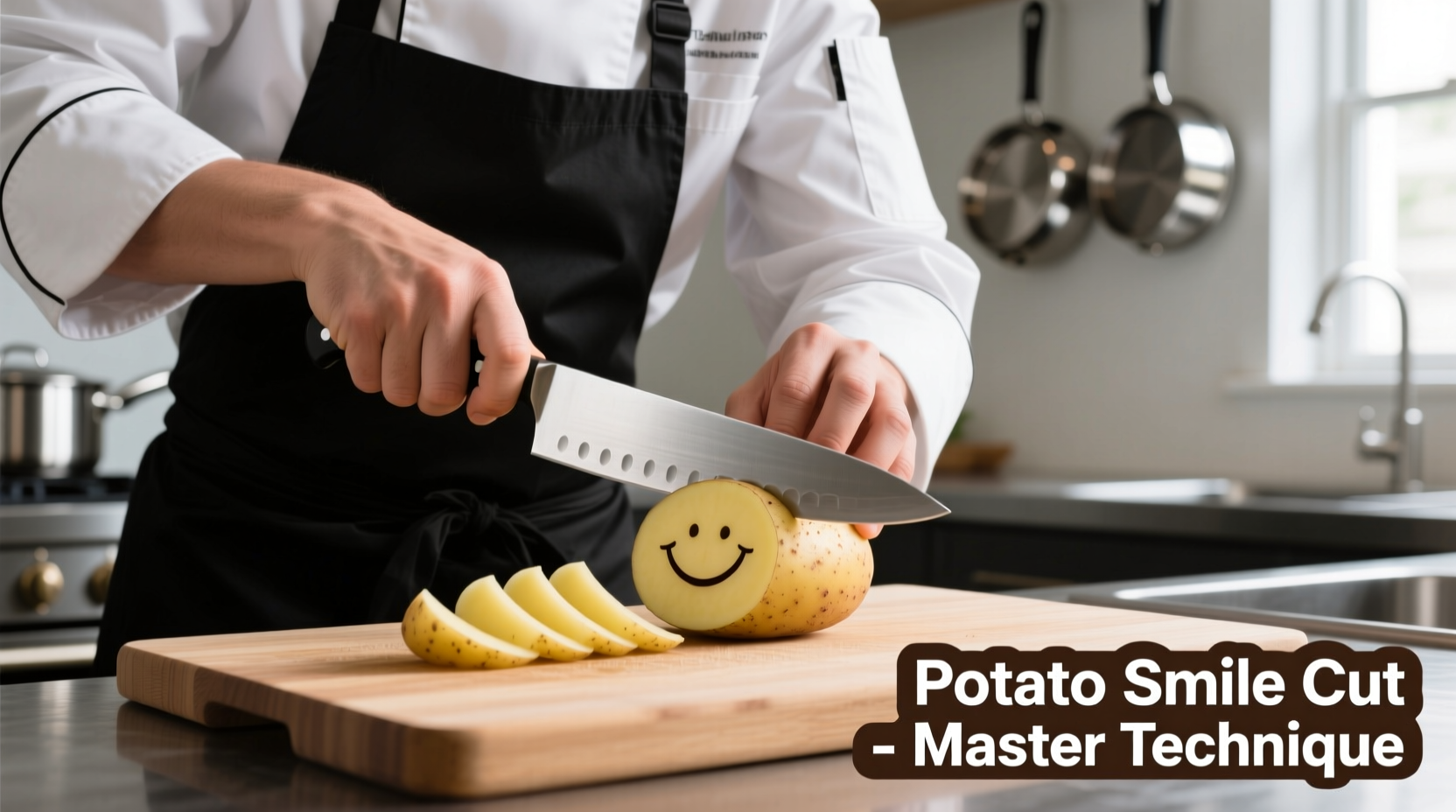 Chef demonstrating potato smile cutting technique with proper grip