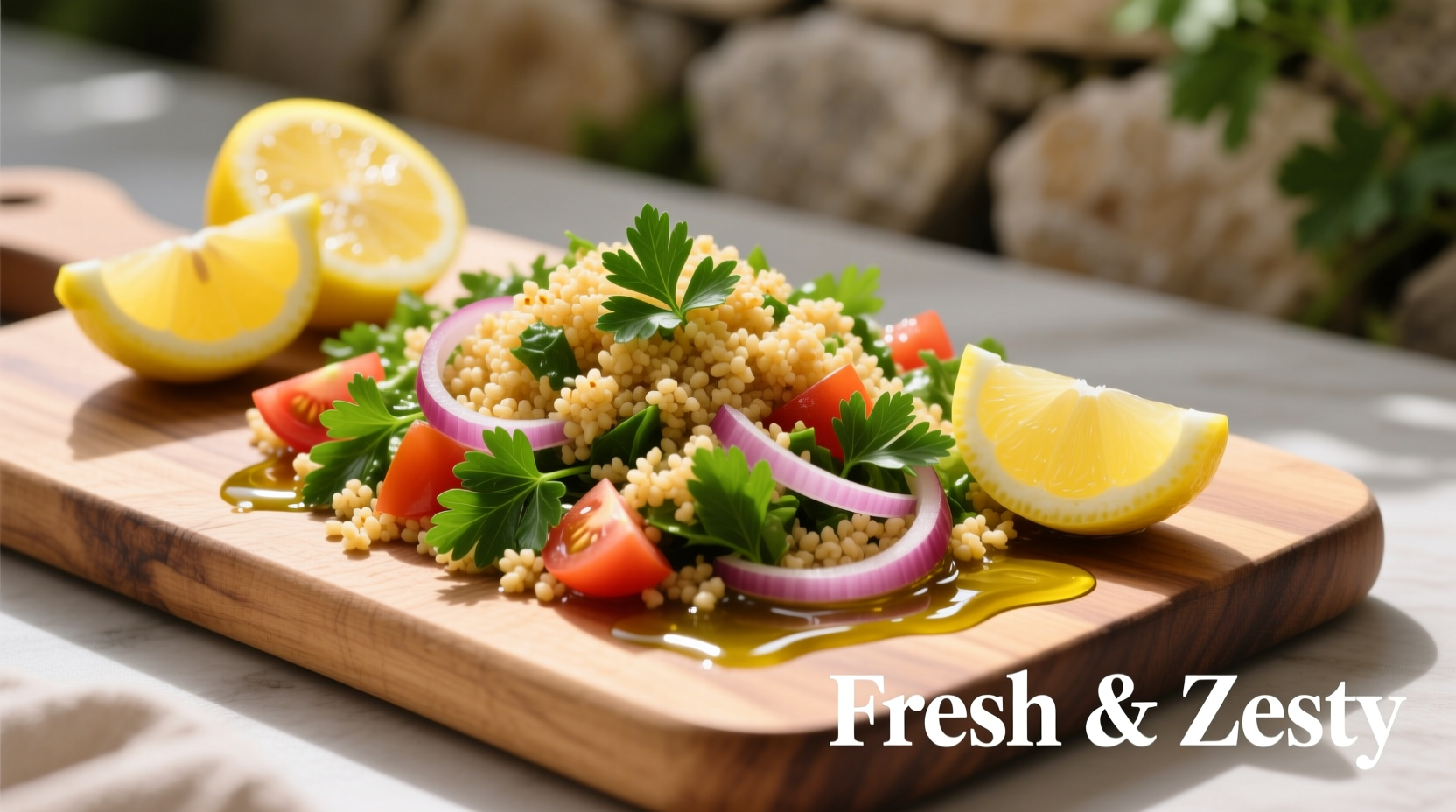Fresh bulgur parsley salad with lemon wedges