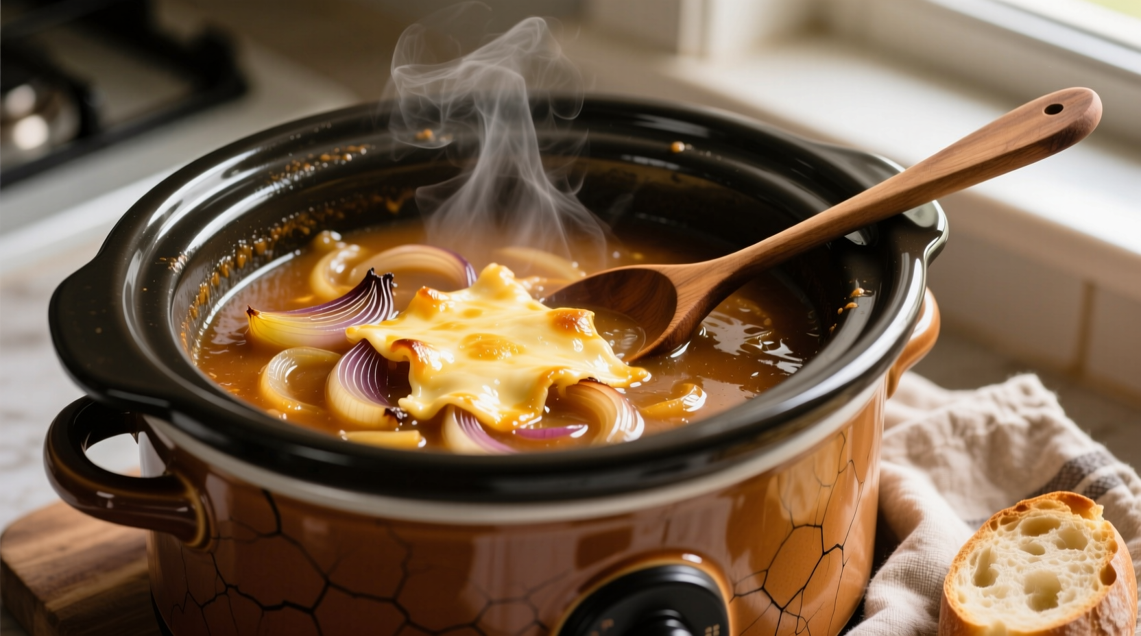 Slow cooker filled with golden French onion soup