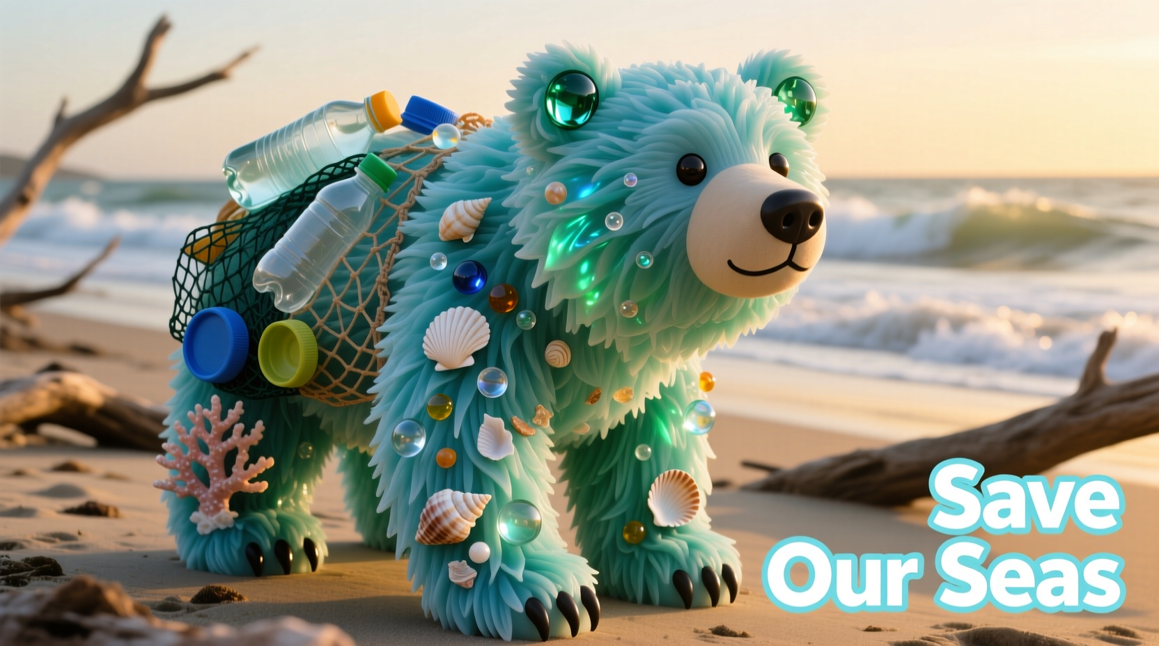 Customized DIY big bear with ocean-themed recycled plastic fur