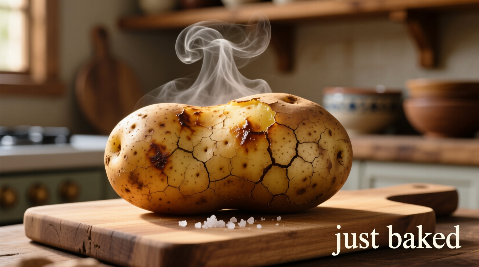 Perfectly baked large russet potato with steam rising