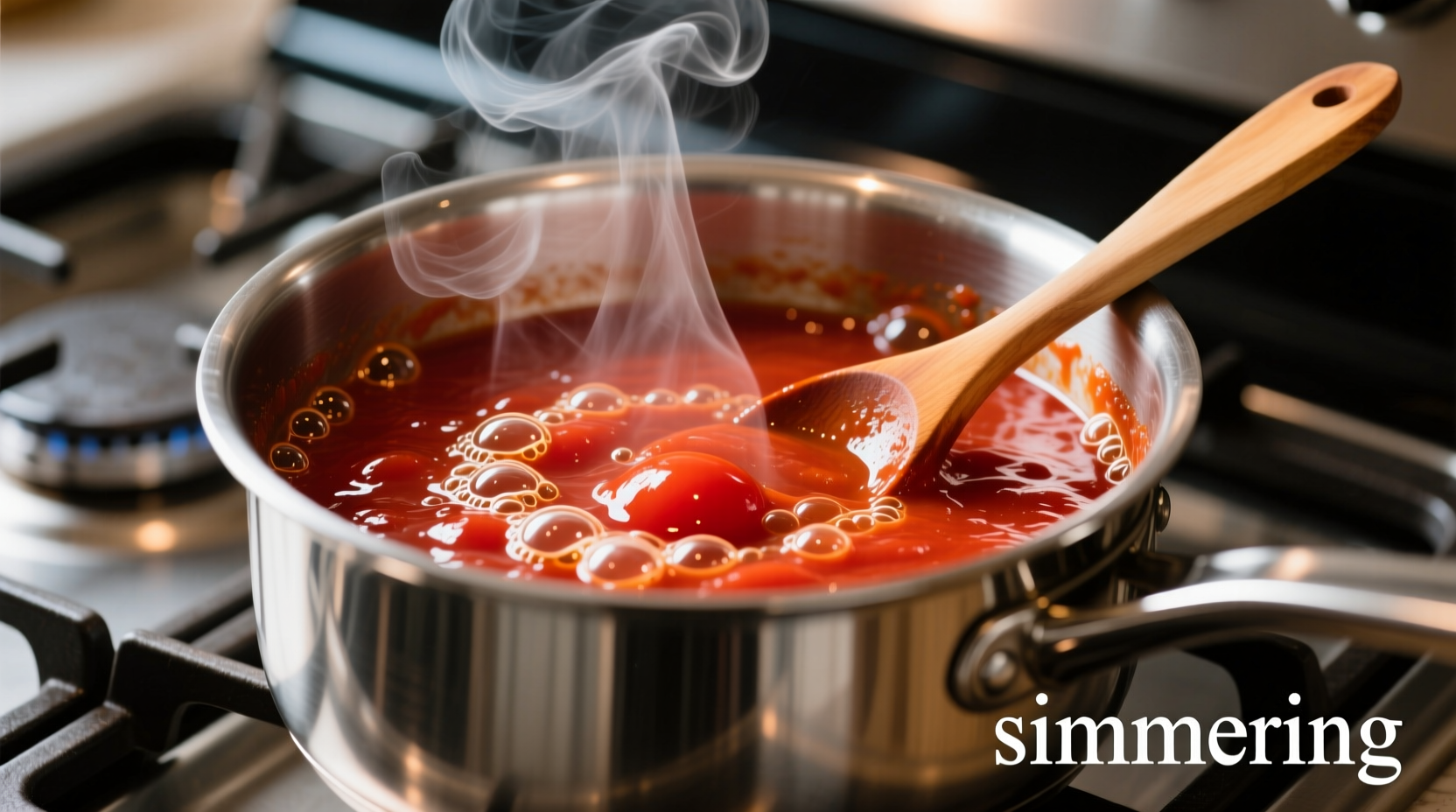 Fresh tomato sauce simmering in stainless steel pot