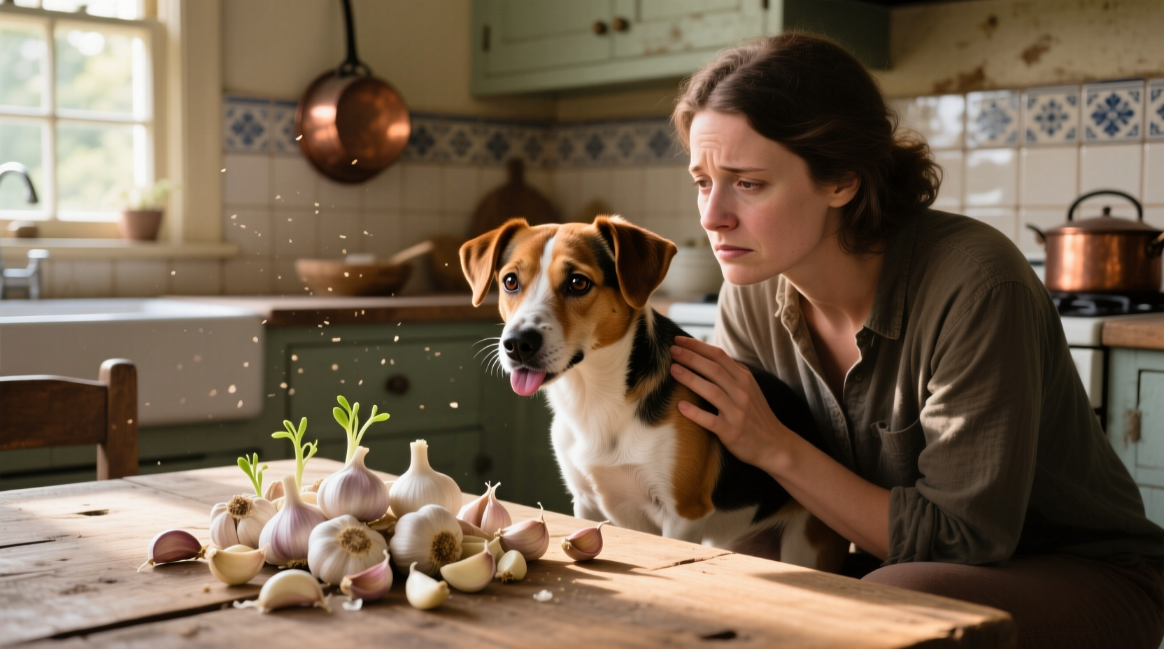 Dog owner checking on concerned pet near garlic cloves