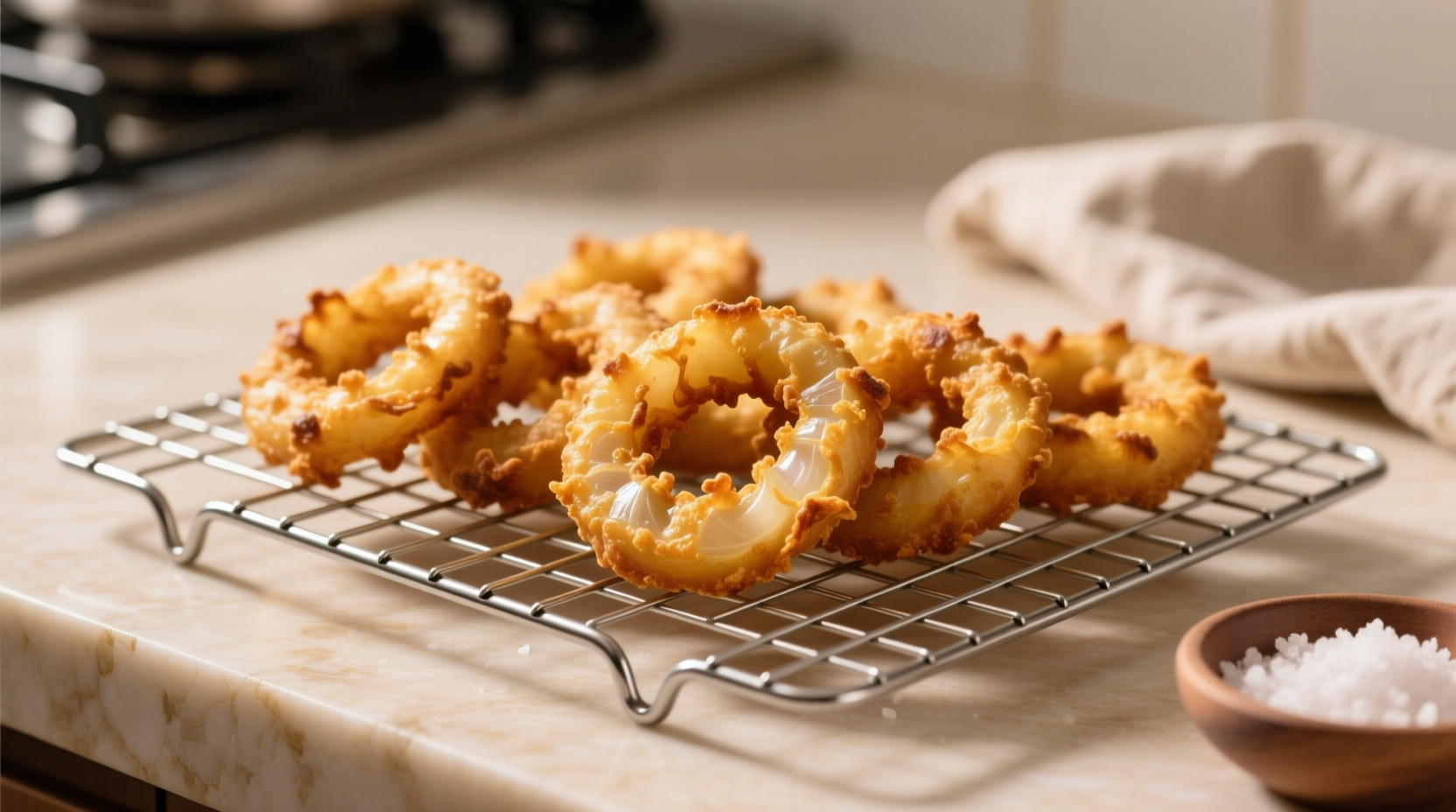 Golden brown air fried onion rings on wire rack