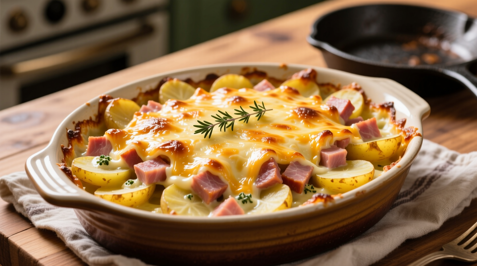 Golden baked ham potato casserole with melted cheese topping
