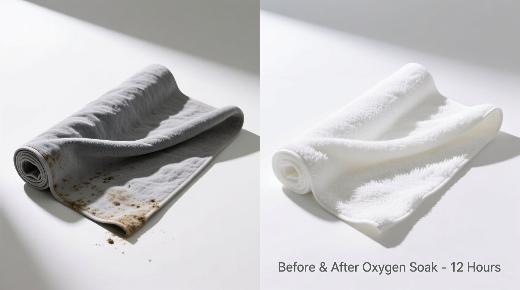 Side-by-side comparison: a sour-smelling yoga towel before oxygen soak (dull gray, slightly stiff texture) and after 12-hour cold soak + air-dry (bright white, soft drape, visible fiber fluff restored)
