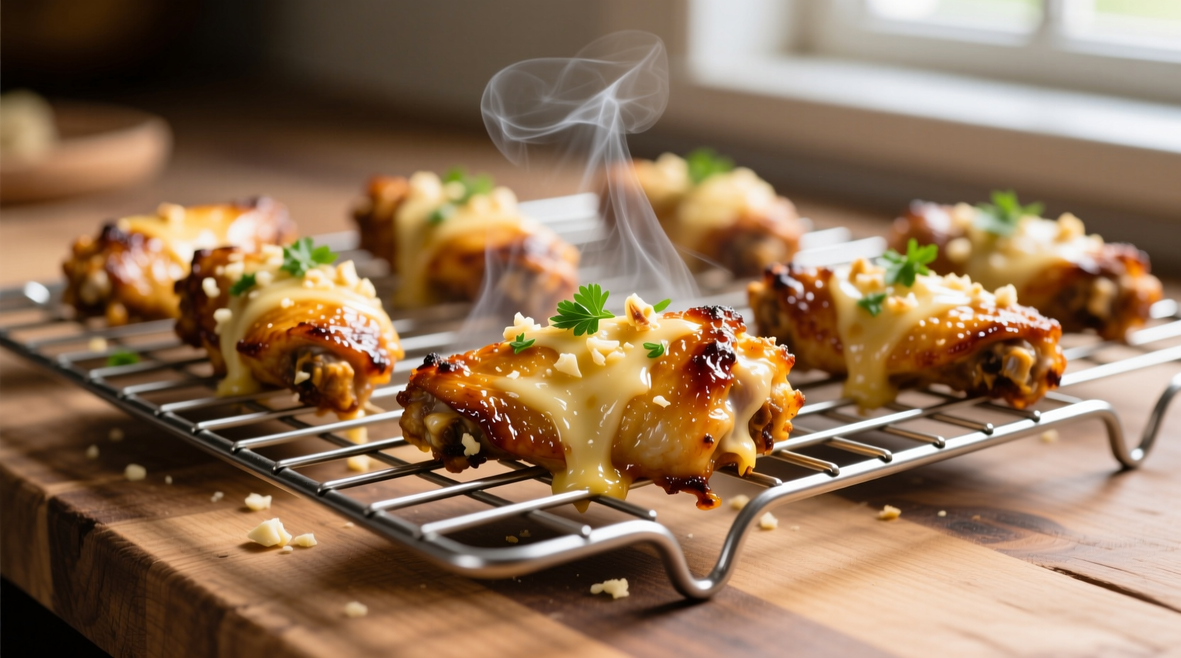 Golden brown parmesan garlic chicken wings on baking rack