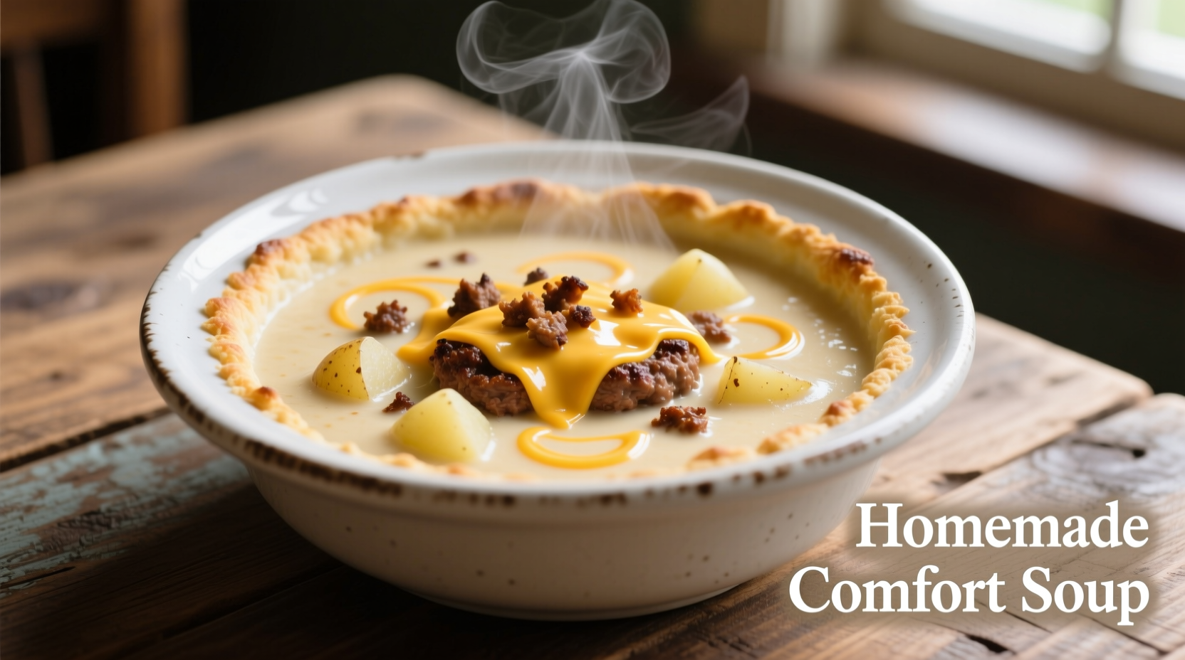 Creamy cheese hamburger potato soup in white bowl