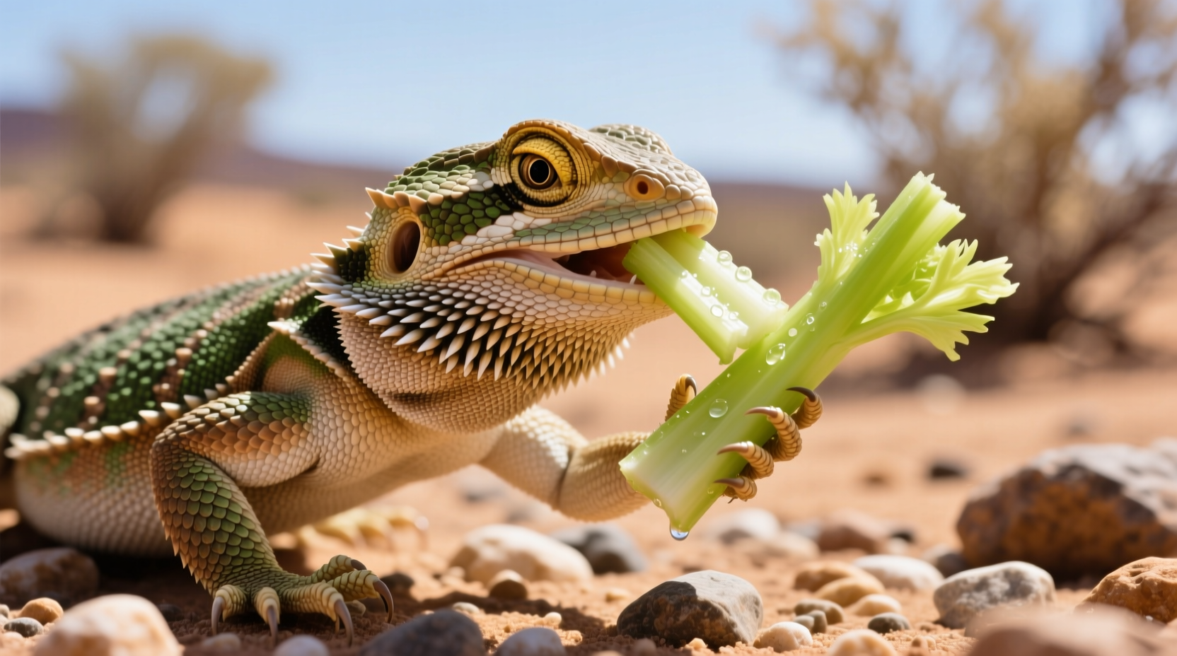 Bearded dragon eating small piece of celery