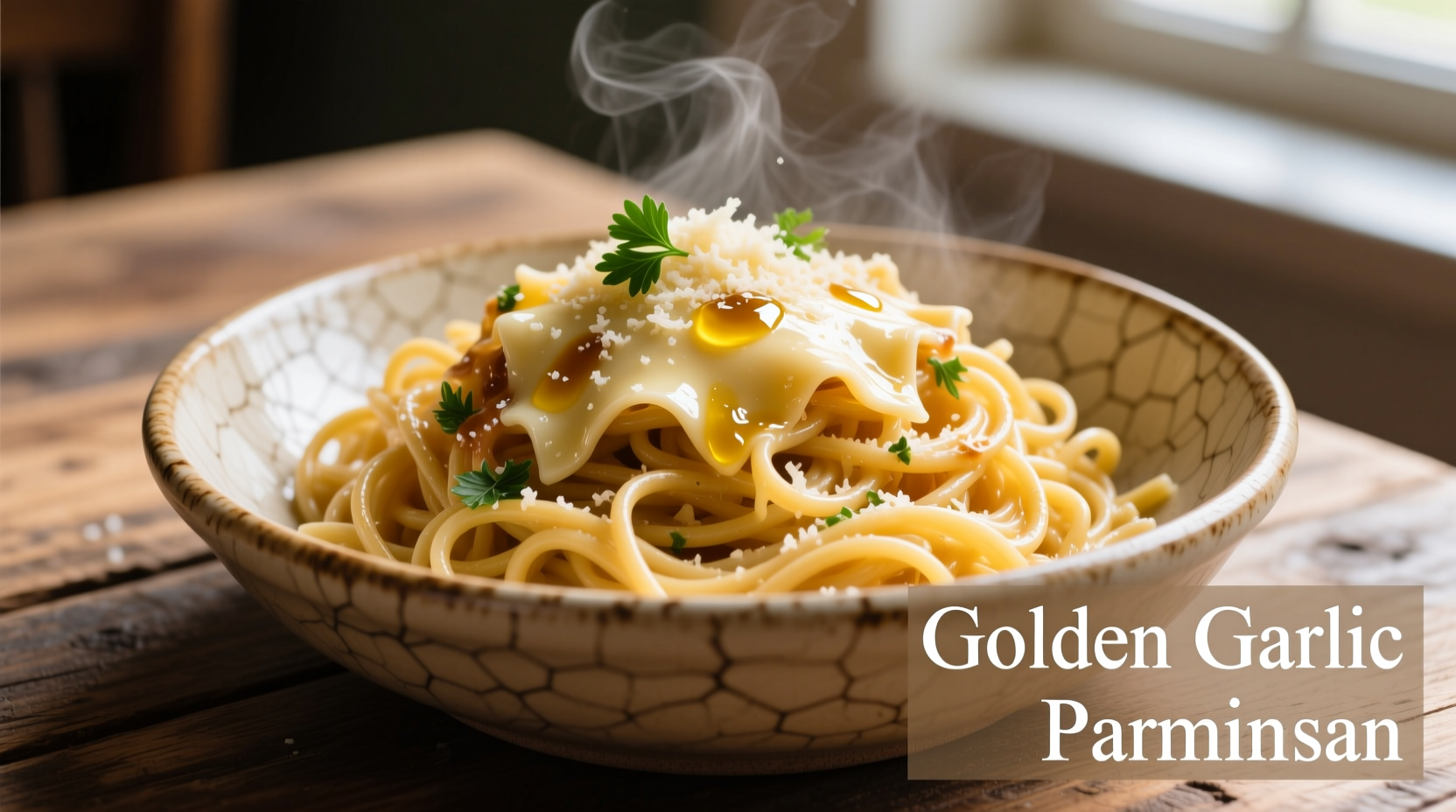 Golden garlic parmesan noodles in ceramic bowl