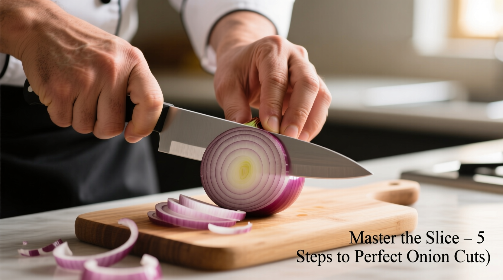 Chef's hands demonstrating proper onion slicing technique