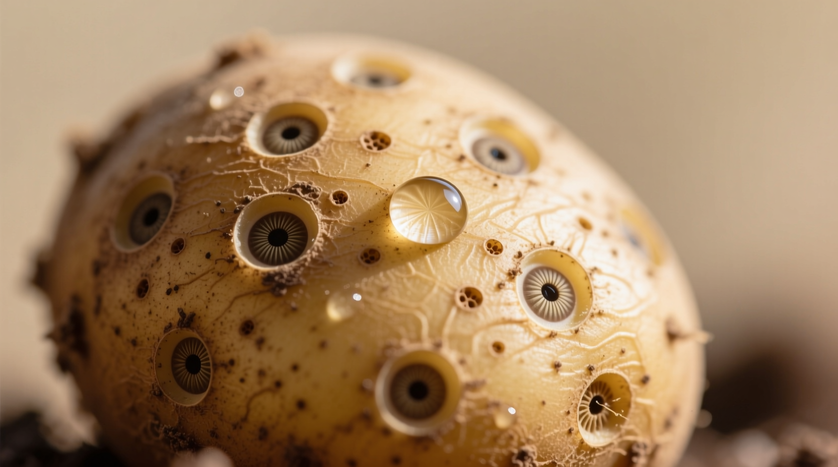 Close-up of potato tuber showing multiple eyes