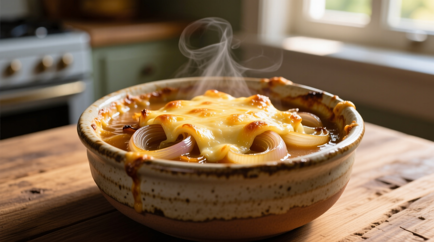 Golden French onion soup in ceramic bowl