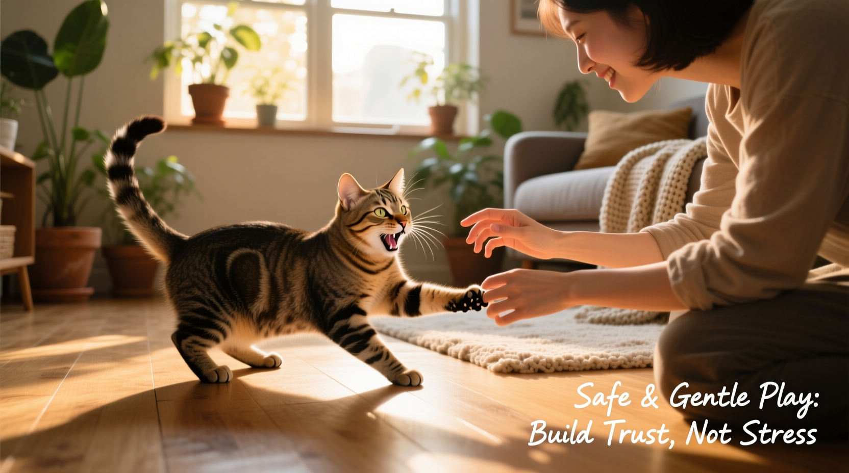 safe and gentle ways to rough house with your cat without stressing them