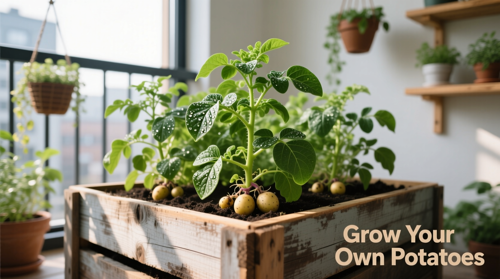 Potato growing box with healthy green plants