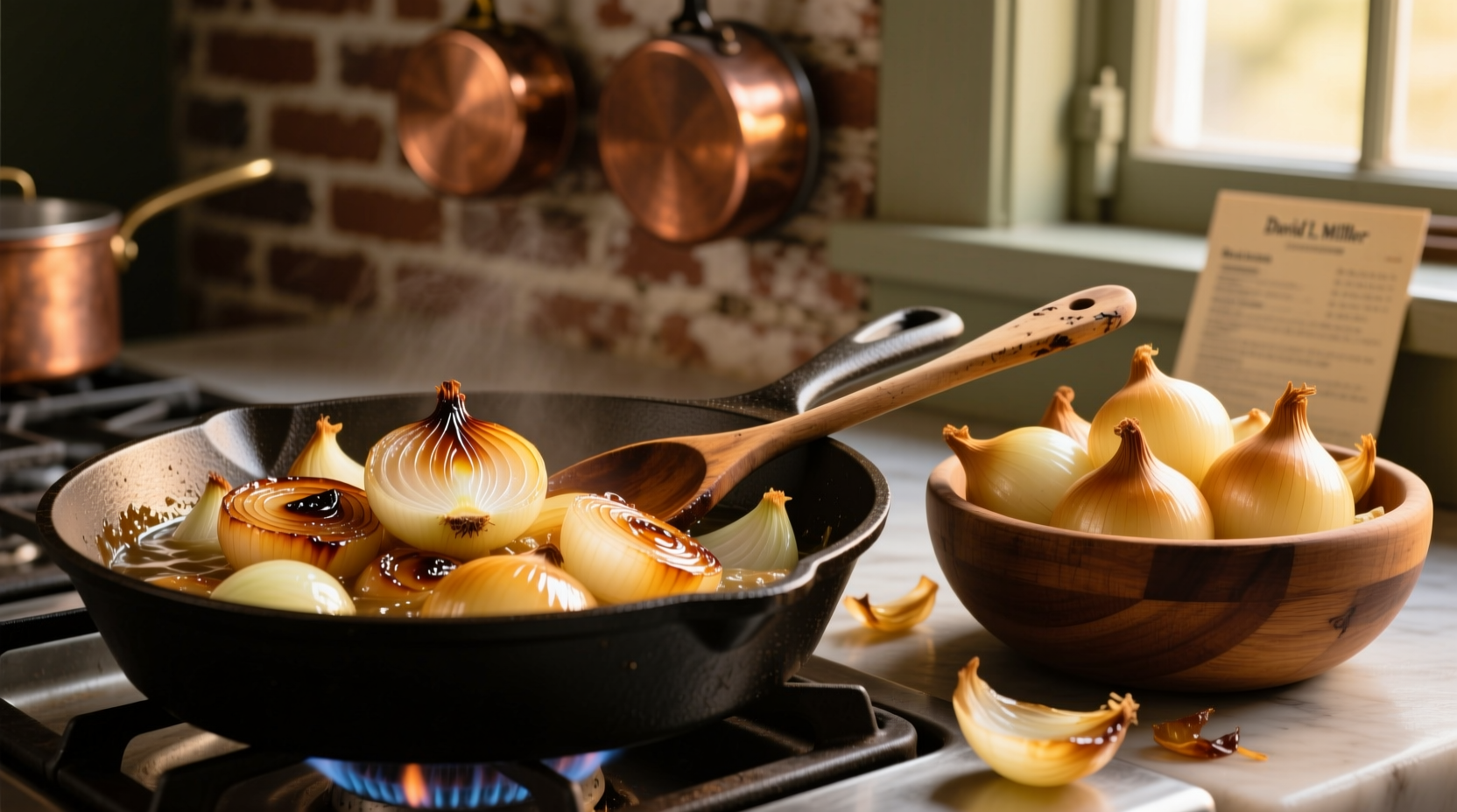 Golden caramelized onions in skillet with wooden spoon