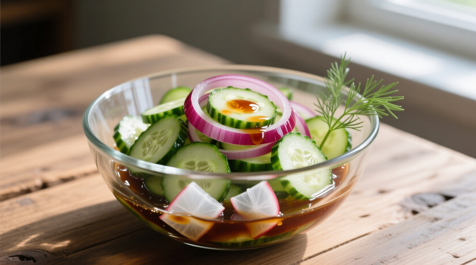 Fresh onion cucumber vinegar salad in glass bowl