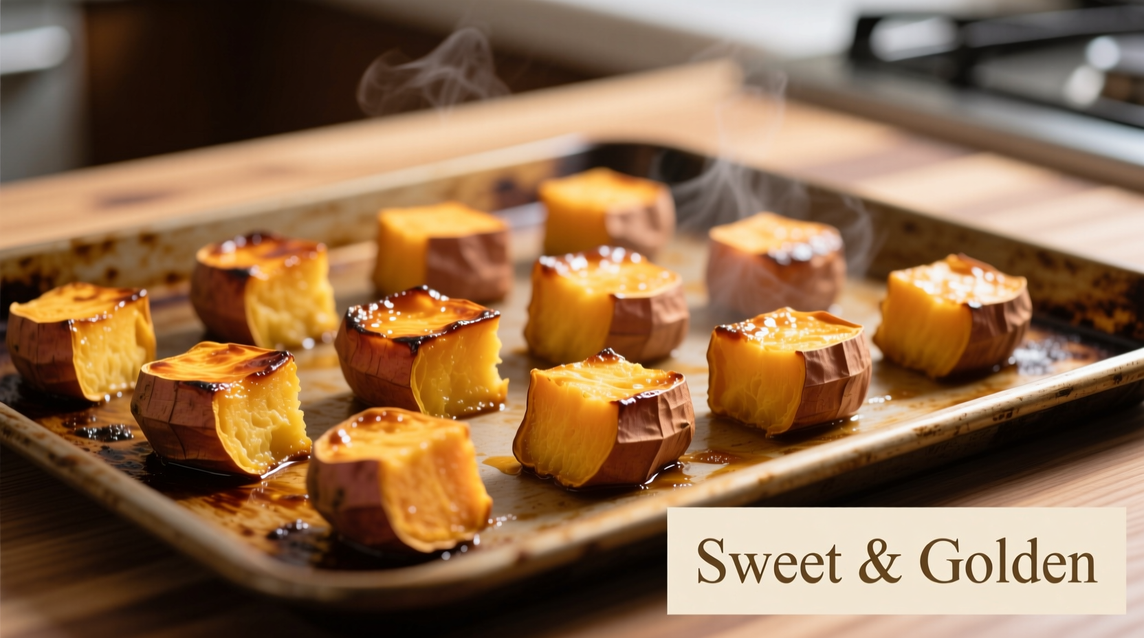 Golden roasted cubed sweet potatoes on baking sheet